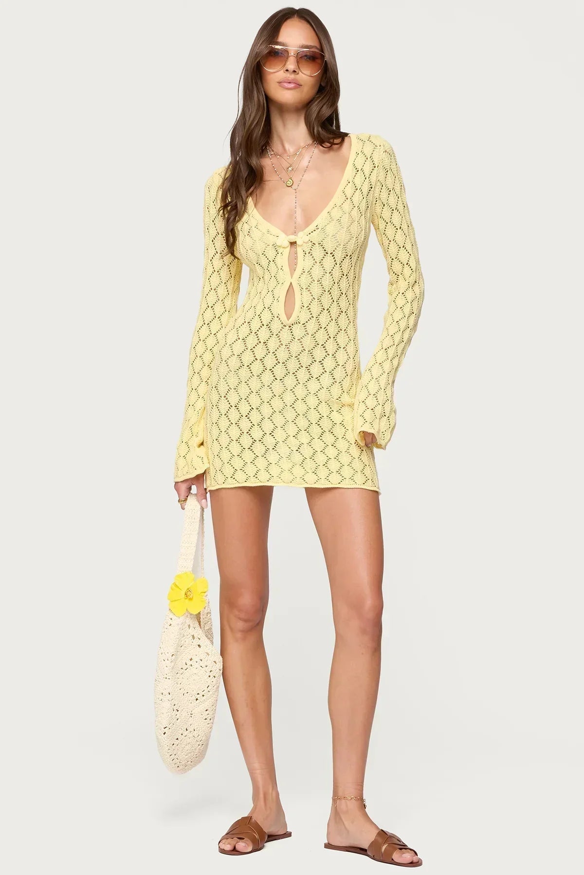 Maré | Breezy Open-Knit Long-Sleeve Crochet Mini Dress
