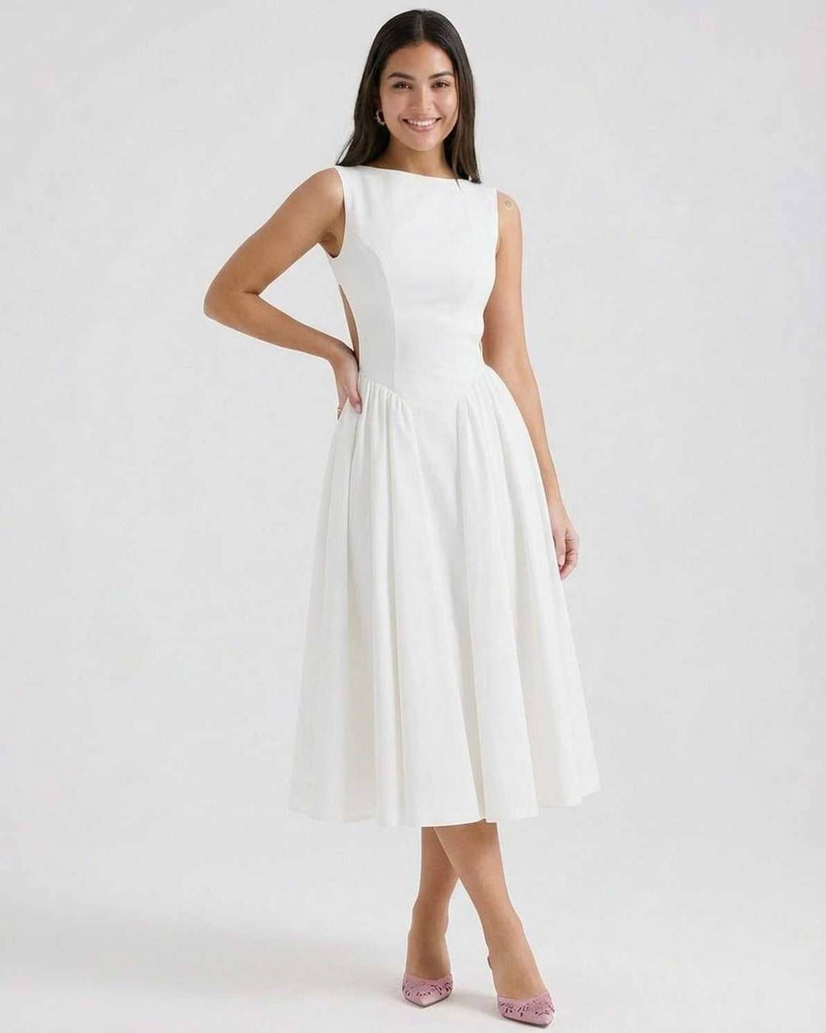 Halle | White Open-Back A-Line Midi Dress Wedding & Summer Party Gown
