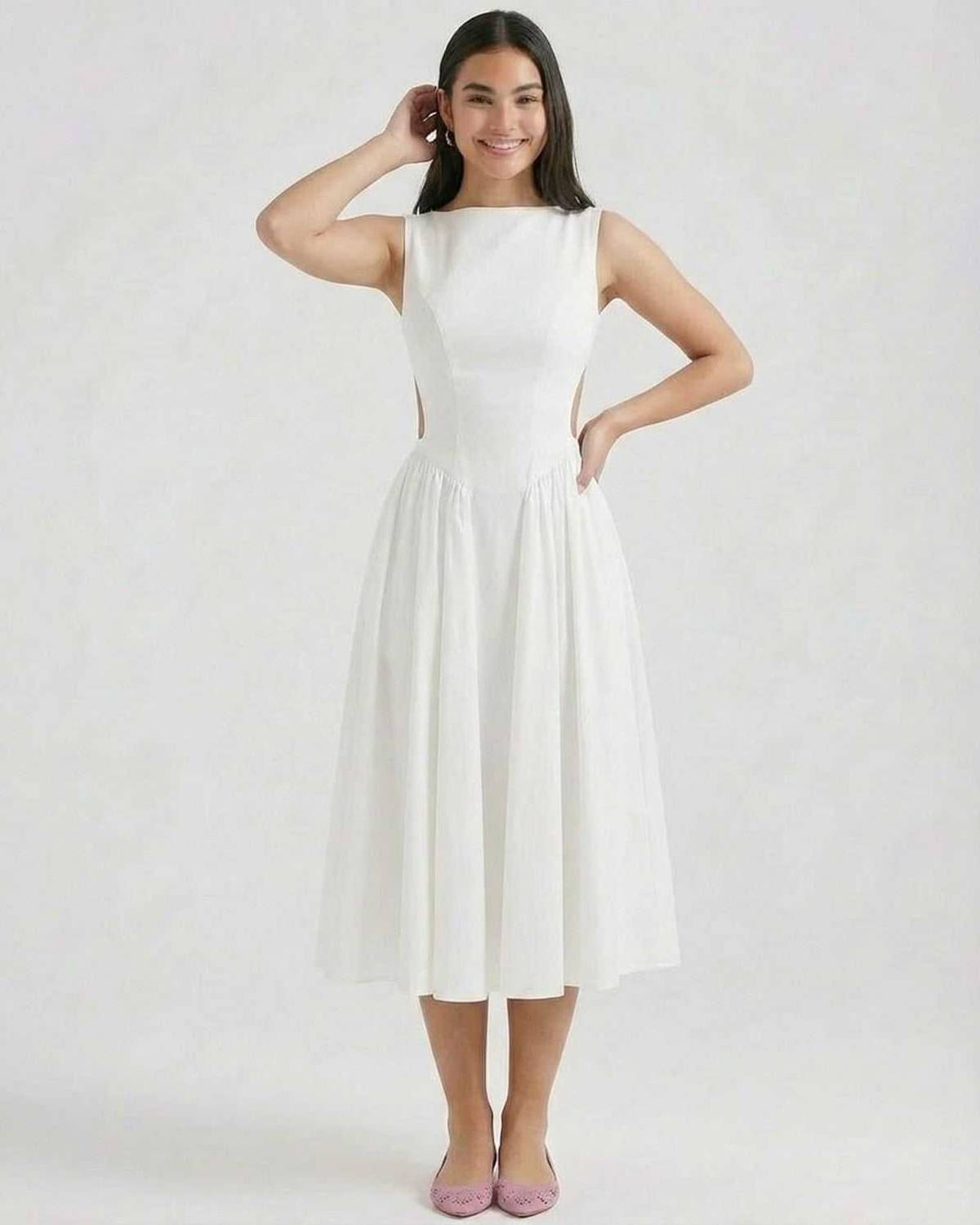 Halle | White Open-Back A-Line Midi Dress Wedding & Summer Party Gown