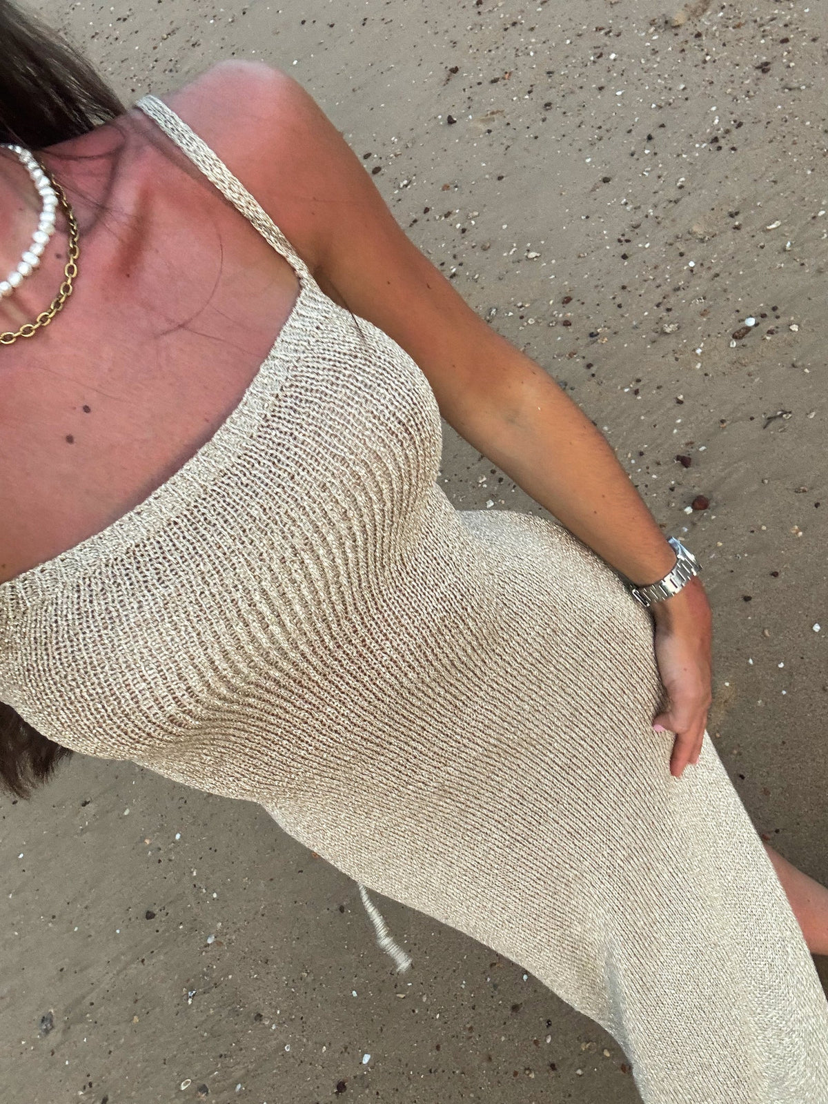 Isolde | Lace-Up Back Metallic Knit Maxi Dress with Thigh-High Slit