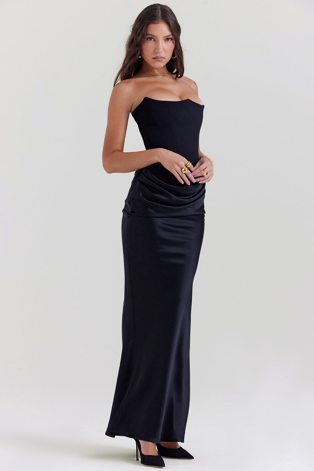 Stella | Strapless Satin Structured Bodice Maxi Dress