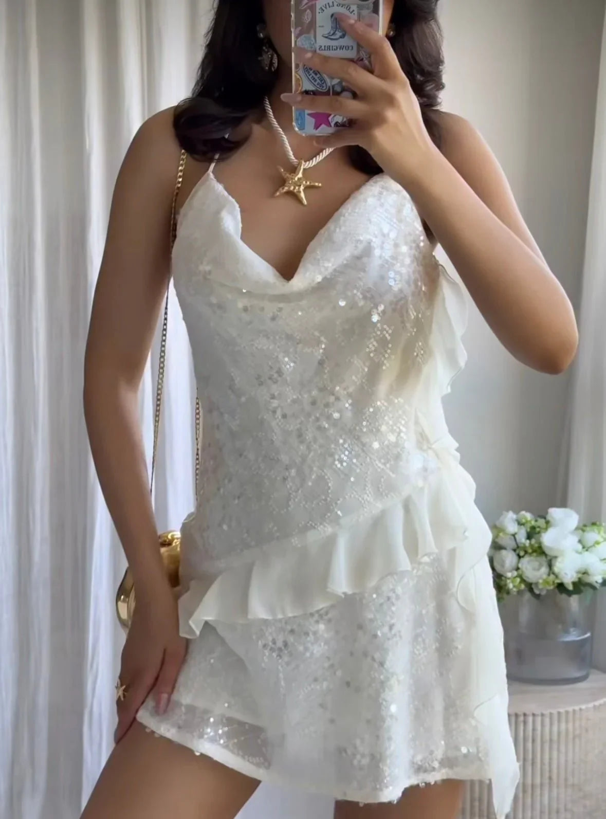 Adeline | Women's White Sleeveless Sequin Mini Summer Dress