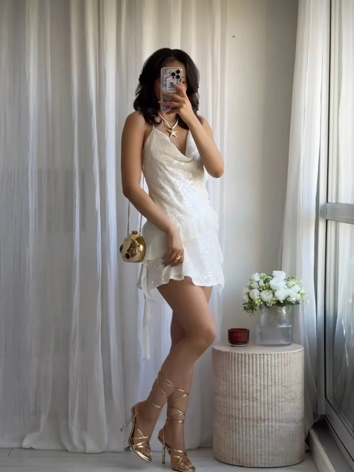 Adeline | Women's White Sleeveless Sequin Mini Summer Dress