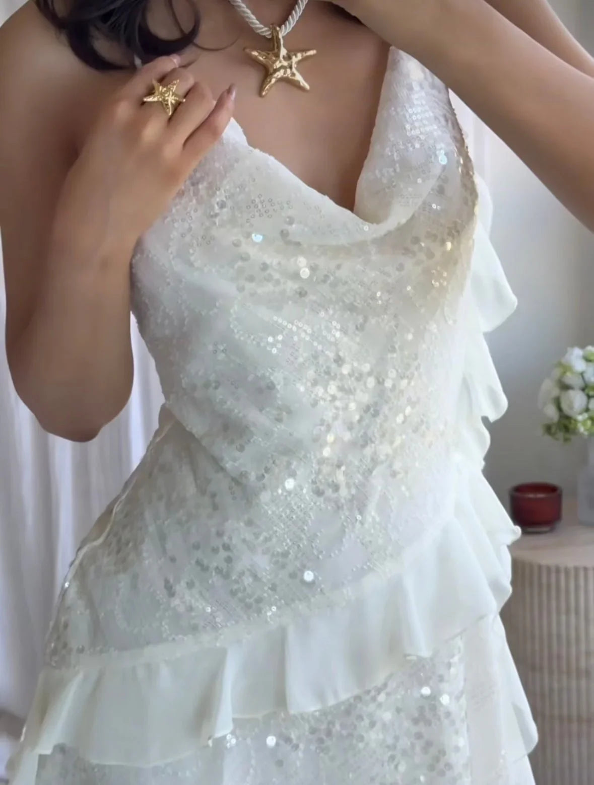 Adeline | Women's White Sleeveless Sequin Mini Summer Dress