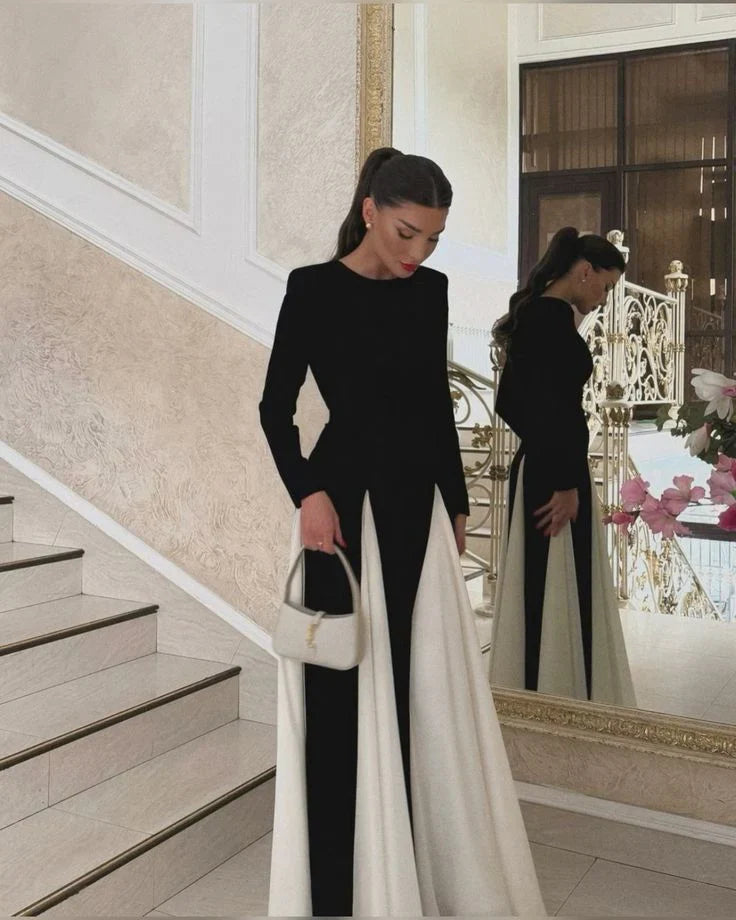 Allison | Women's Elegant White & Black Long-sleeve Pleated Maxi Dress