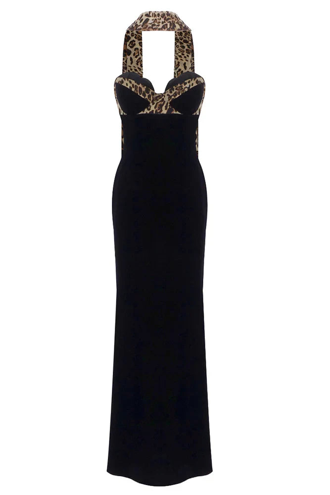 Camryn | Women's Black Strapless Leopard Print Maxi Dress with Scarf