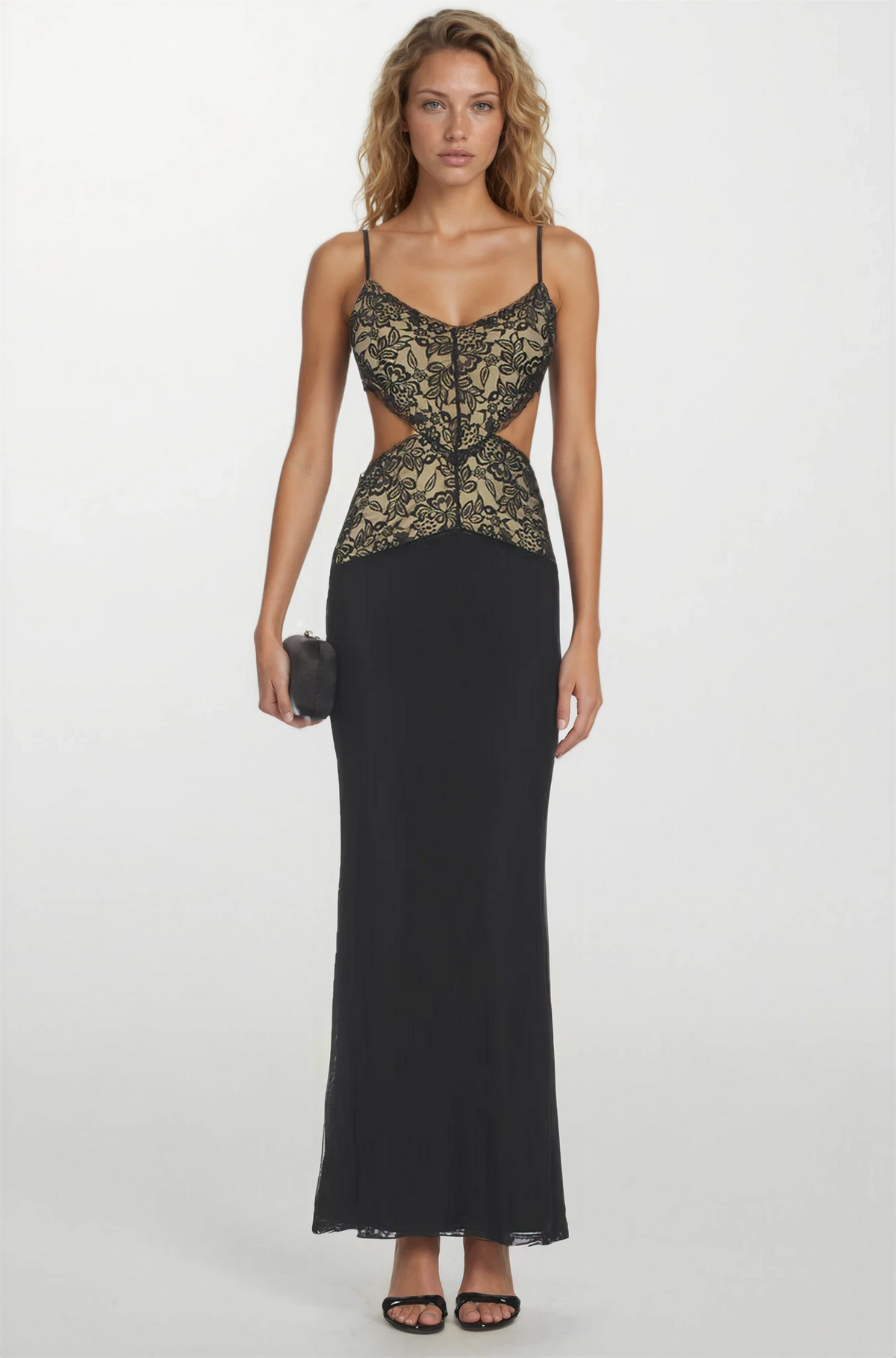 Celeste | Women's Black Spaghetti Strap Lace Cut-Out Back Tie Maxi Dress