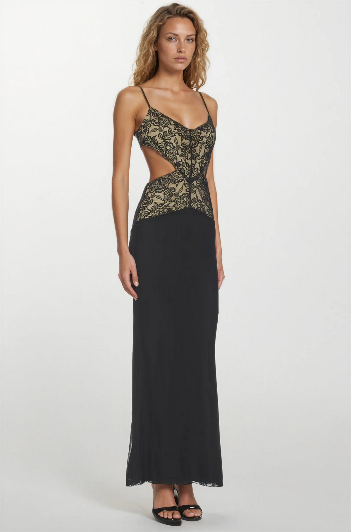 Celeste | Women's Black Spaghetti Strap Lace Cut-Out Back Tie Maxi Dress