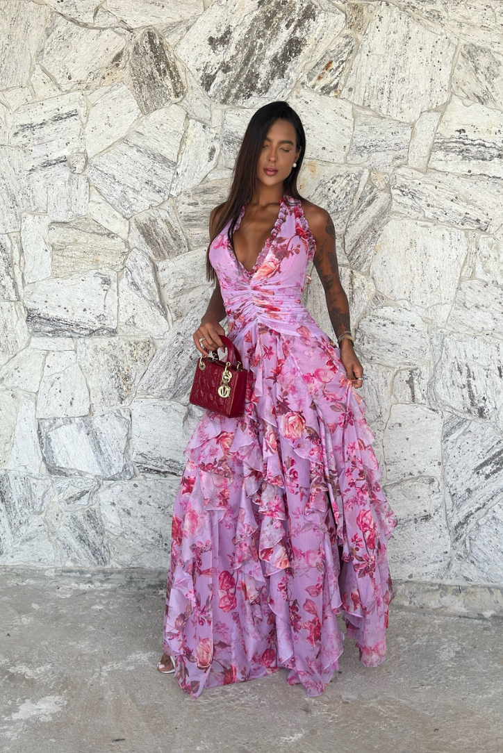 Coral | Women's Pink Floral Sleeveless Ruffle Maxi Wedding Guest Dress