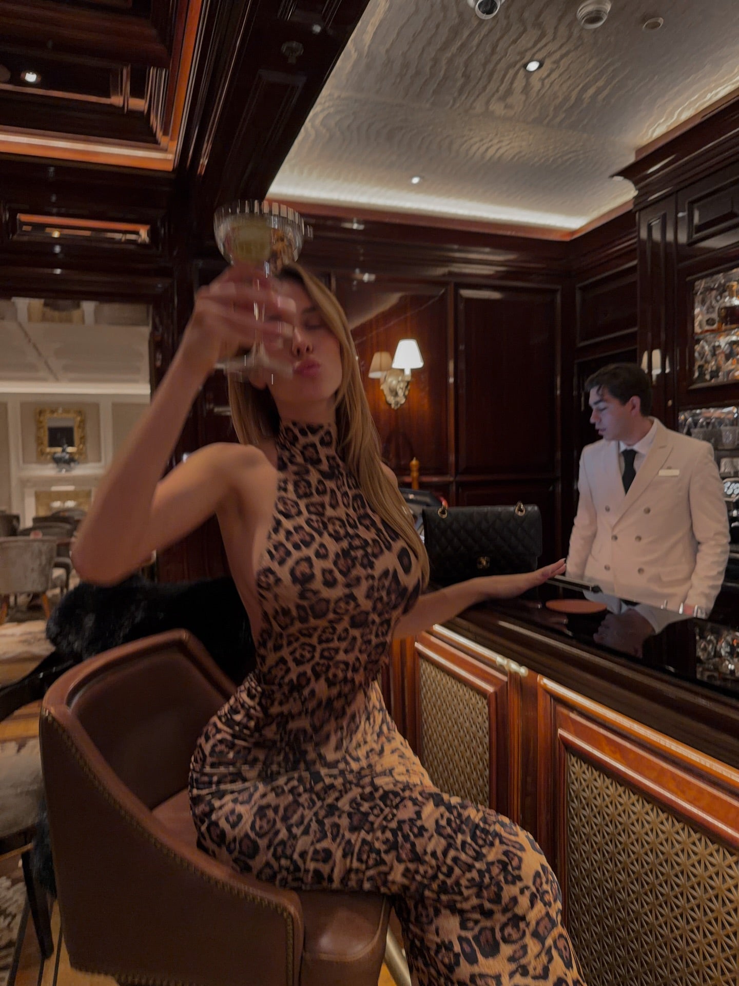 Estelle | Women's High-Neck Sleeveless Backless Ruched Leopard Maxi Dress