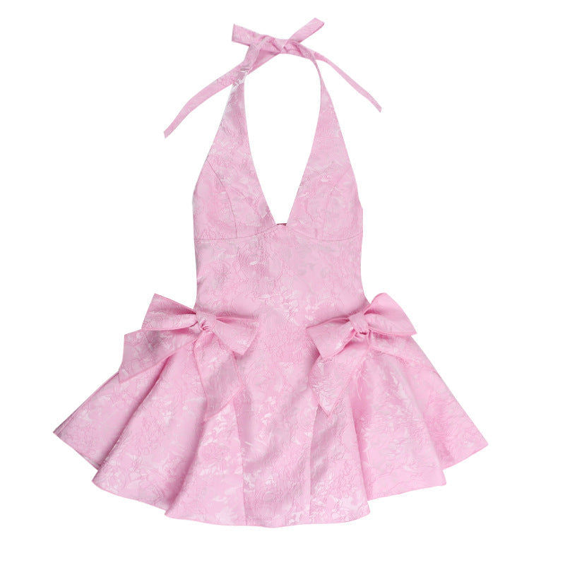 Estrella | Women's Pink Sleeveless Halterneck Mini Prom Dress with Bows