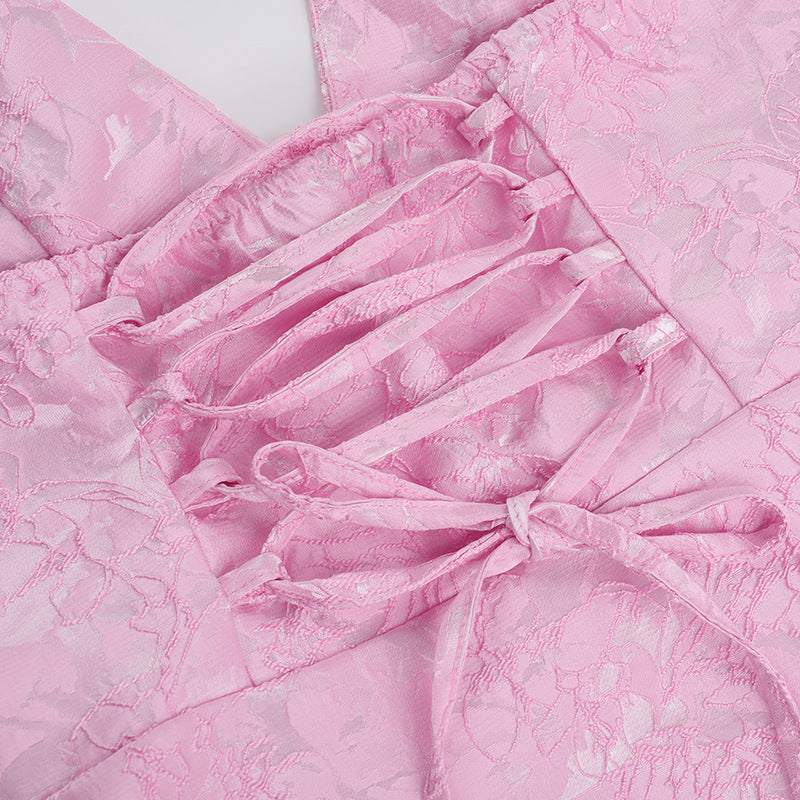 Estrella | Women's Pink Sleeveless Halterneck Mini Prom Dress with Bows