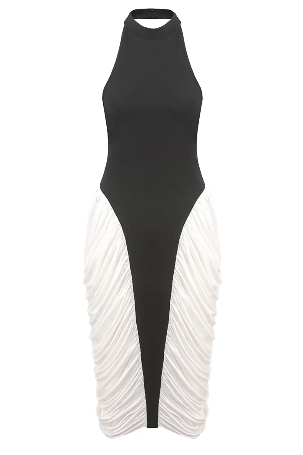 Francesca | Women's Black & White  High-Neck Sleeveless Backless Pleated Midi Dress
