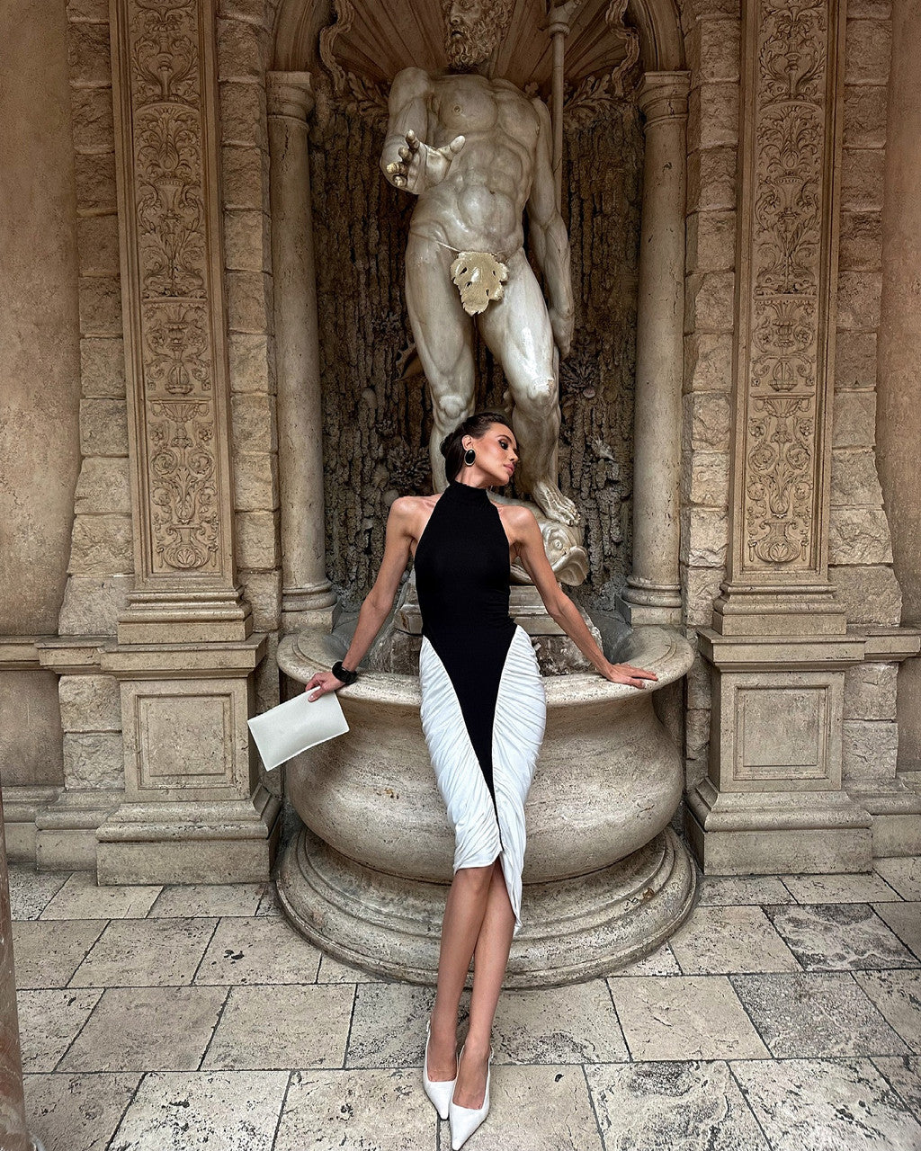 Francesca | Women's Black & White  High-Neck Sleeveless Backless Pleated Midi Dress