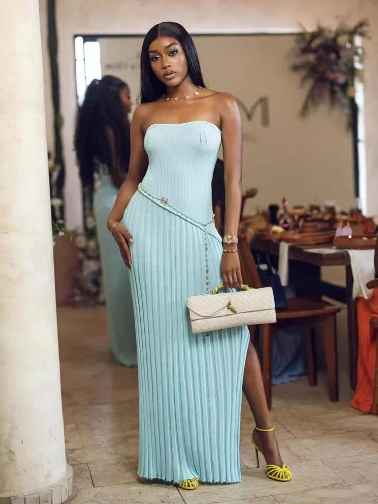 Isadora | Women's Sky Blue Strapless Side-Slit Knit Maxi Summer Dress