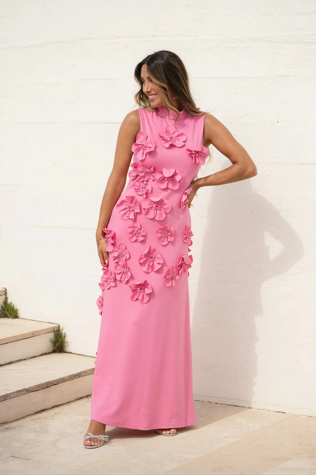 Janelle | Women's Pink Flower Sleeveless Maxi Wedding Guest Dress