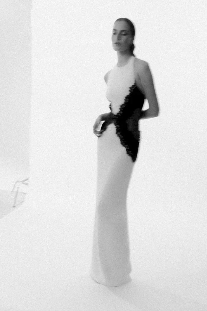 Kaira | Women's Black & White High-Neck Halter Backless Lace Maxi Dress