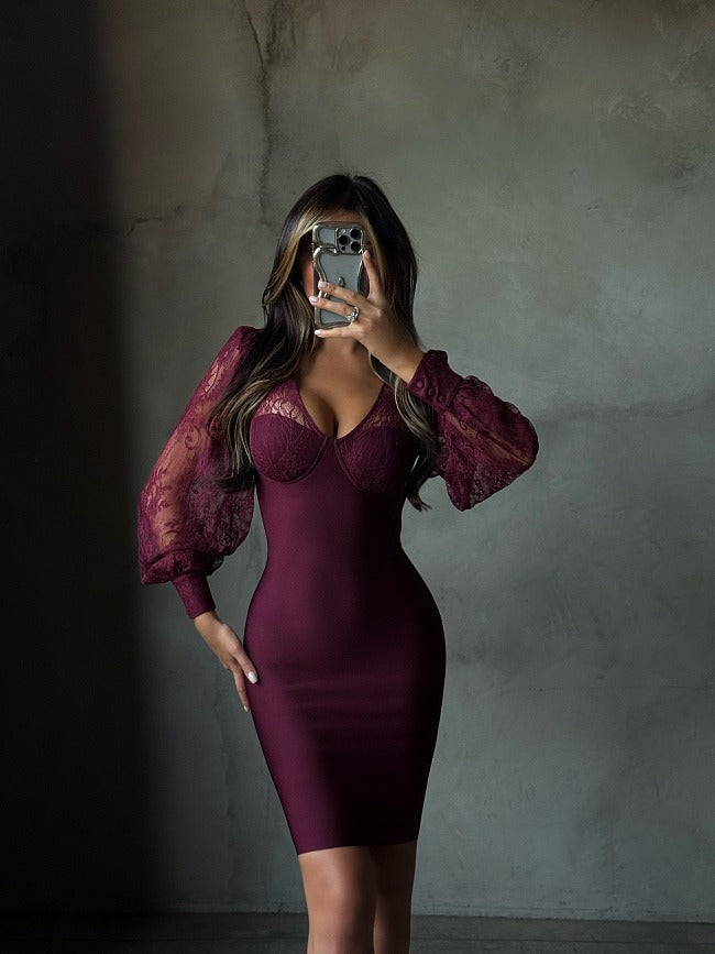 Kate | Women's Burgundy Long Lace Balloon Sleeve Mini Dress