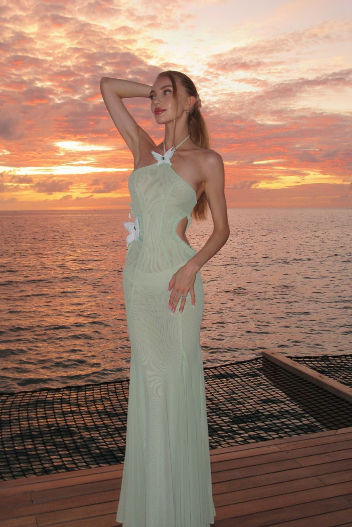 Kaylani | Women's Green Butterfly Cut-Out Maxi Wedding Guest Dress