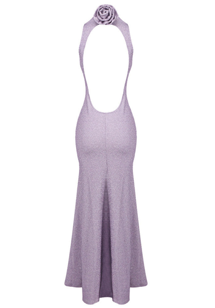 Kayleigh | Women's Lilac Sparkly Backless Floral Detail Maxi Prom Dress