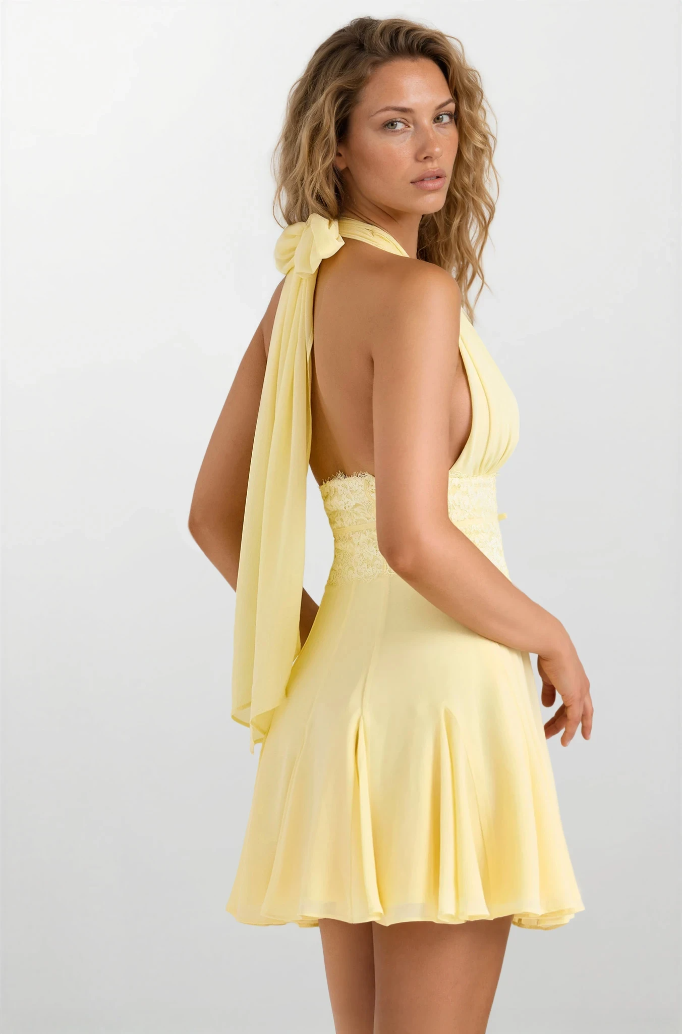 Magnolia | Women's Yellow Halter V-Neck Backless Mini Summer Dress