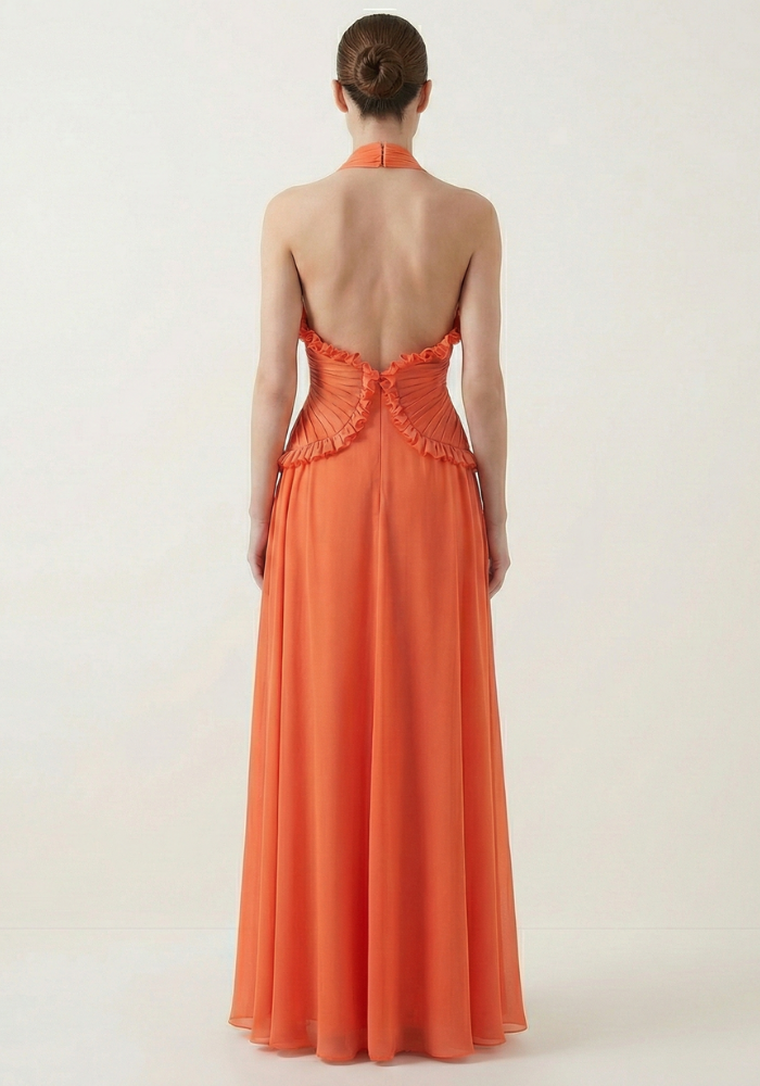 Marlowe | Women's Orange Halter Ruffle A-Line Maxi Wedding Guest Dress