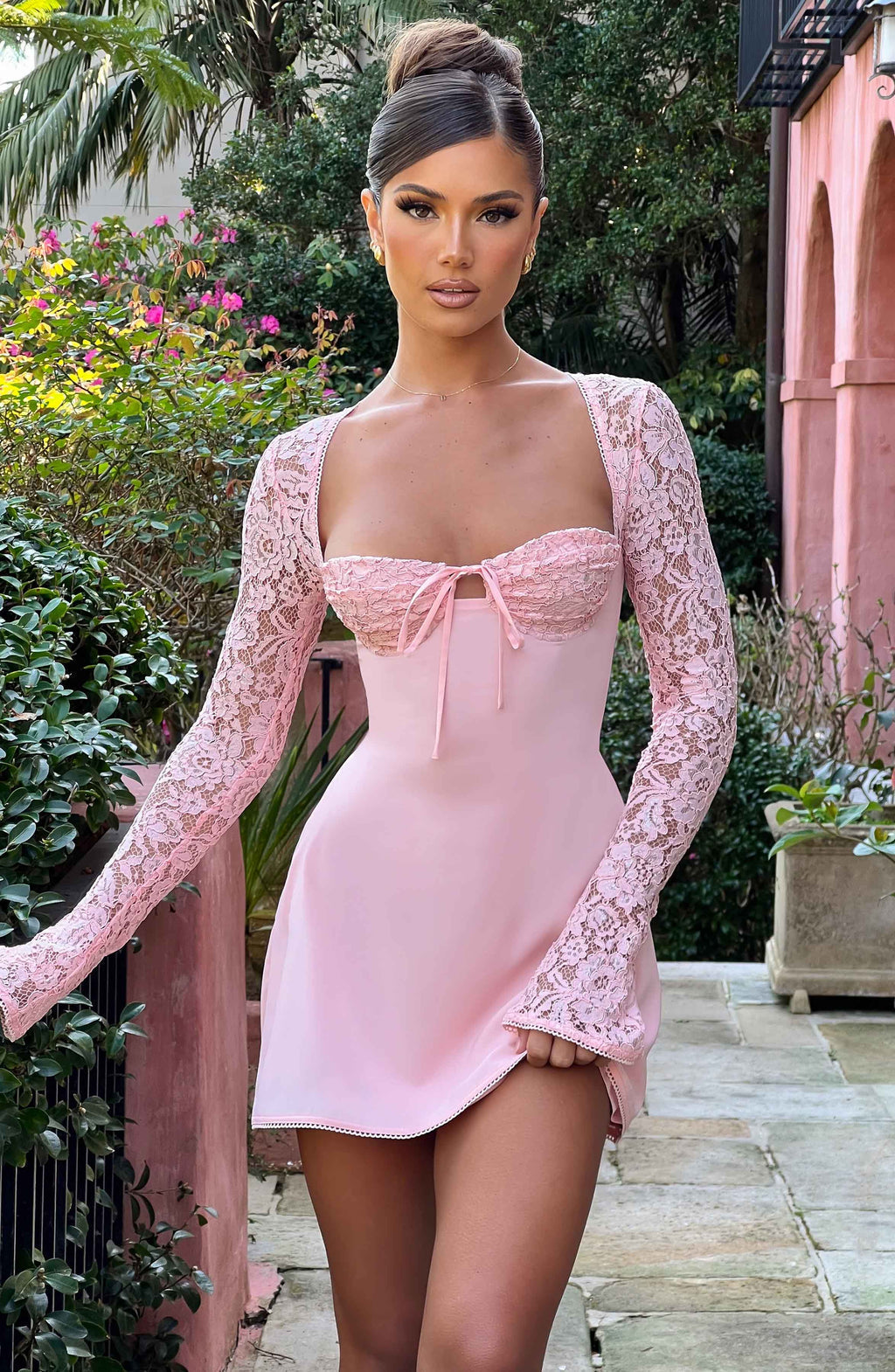 Noemi | Women's Pink Long Lace Sleeves Mini Summer Dress