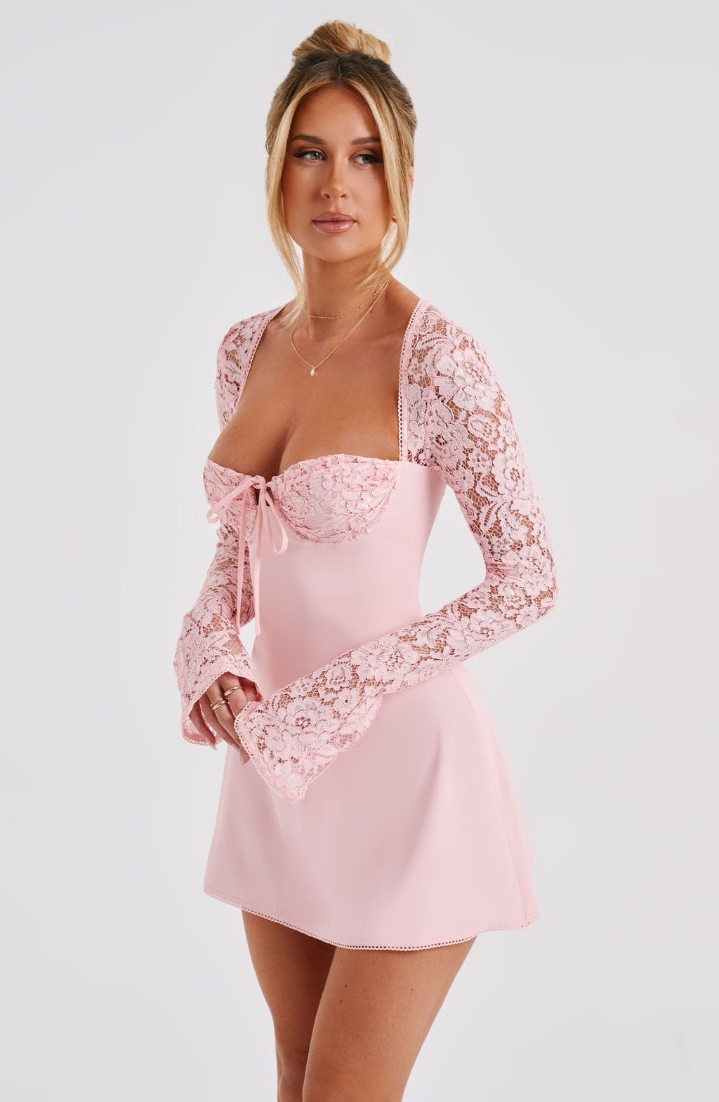 Noemi | Women's Pink Long Lace Sleeves Mini Summer Dress