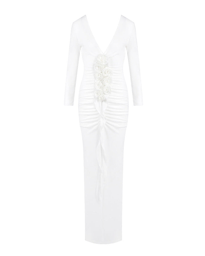 Paulina | Women's White Long Sleeve V-Neck Bodycon Maxi Dress