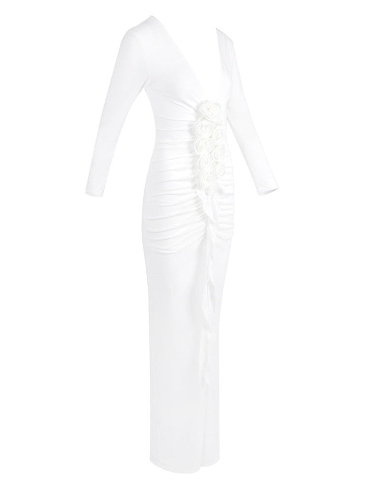 Paulina | Women's White Long Sleeve V-Neck Bodycon Maxi Dress
