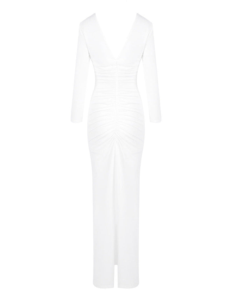 Paulina | Women's White Long Sleeve V-Neck Bodycon Maxi Dress