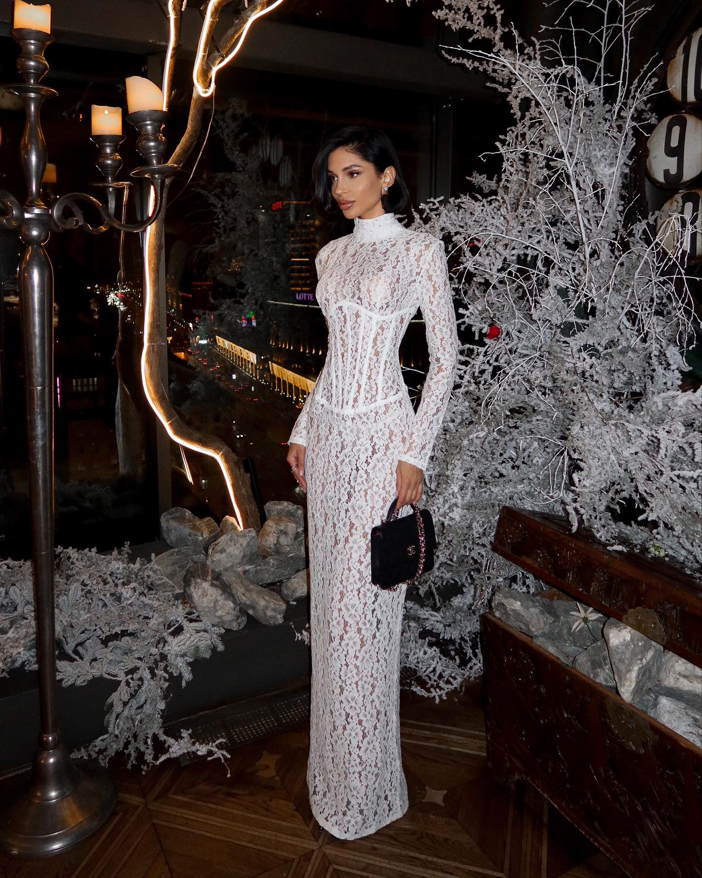 Raina | Women's White High-Neck Long-Sleeve Corset-Inspired Lace Maxi Dress