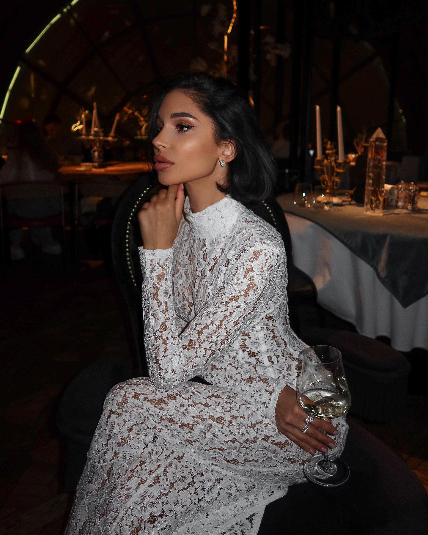 Raina | Women's White High-Neck Long-Sleeve Corset-Inspired Lace Maxi Dress