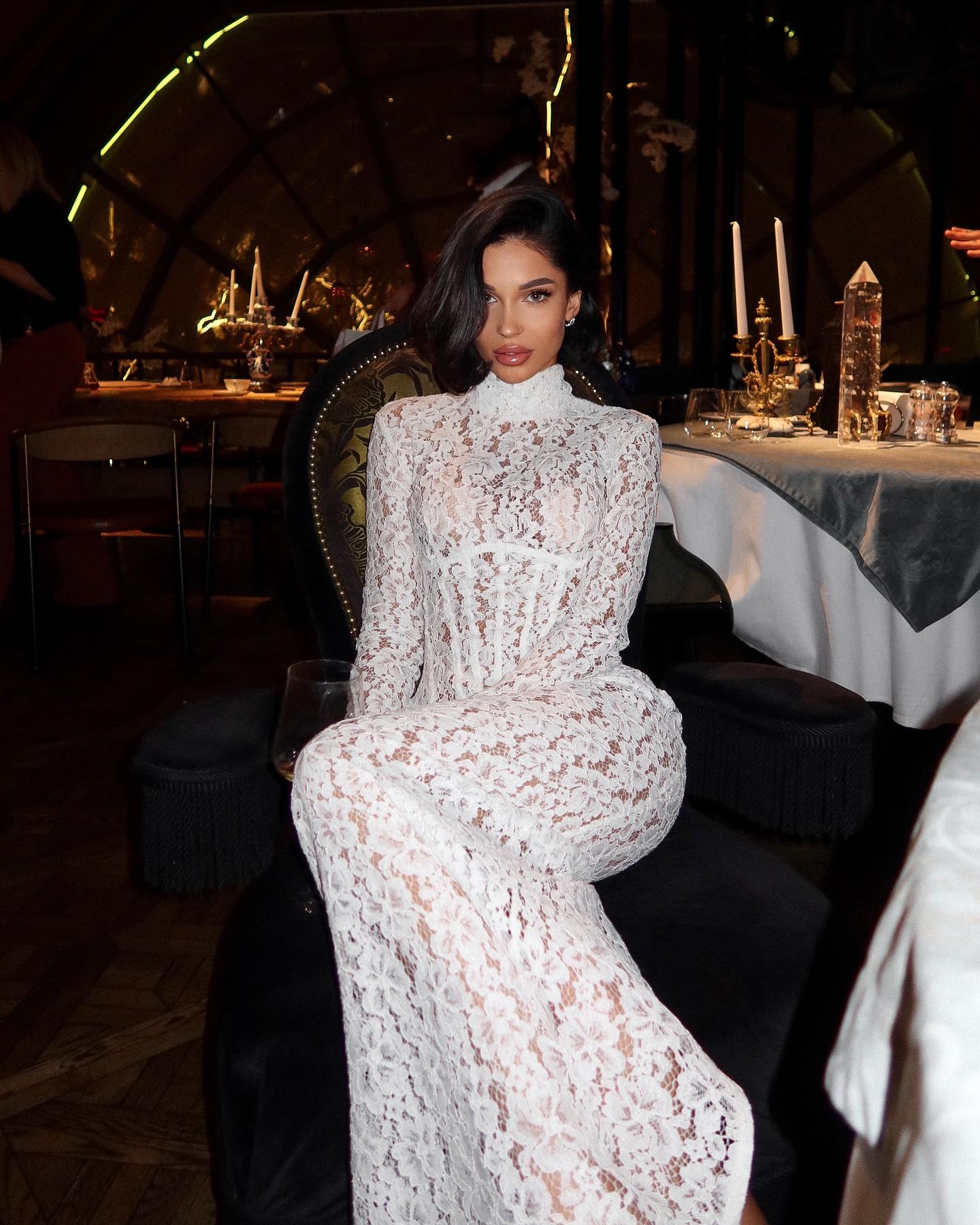 Raina | Women's White High-Neck Long-Sleeve Corset-Inspired Lace Maxi Dress