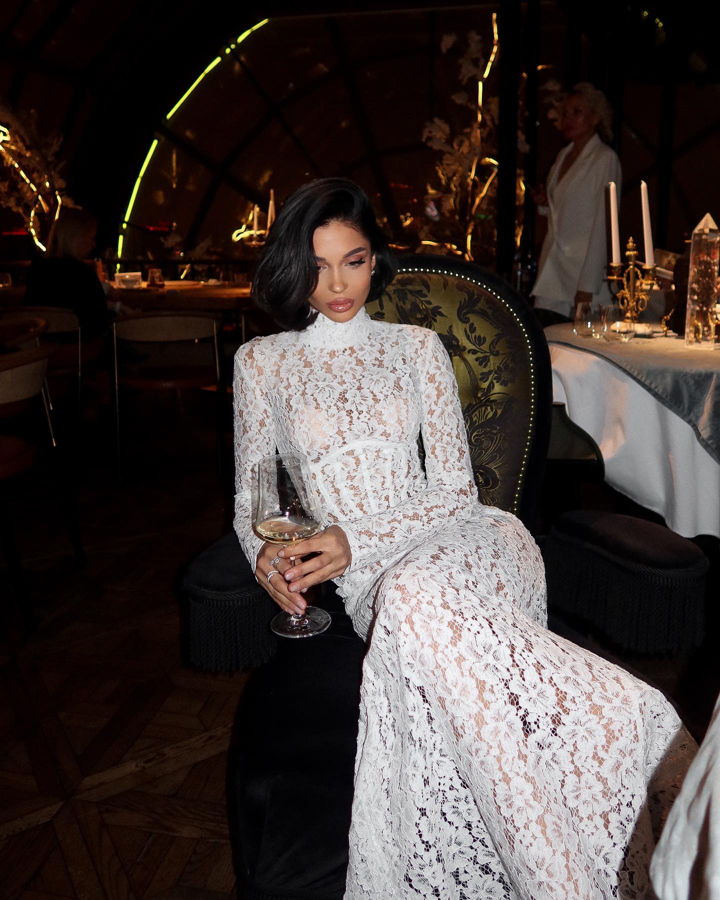 Raina | Women's White High-Neck Long-Sleeve Corset-Inspired Lace Maxi Dress