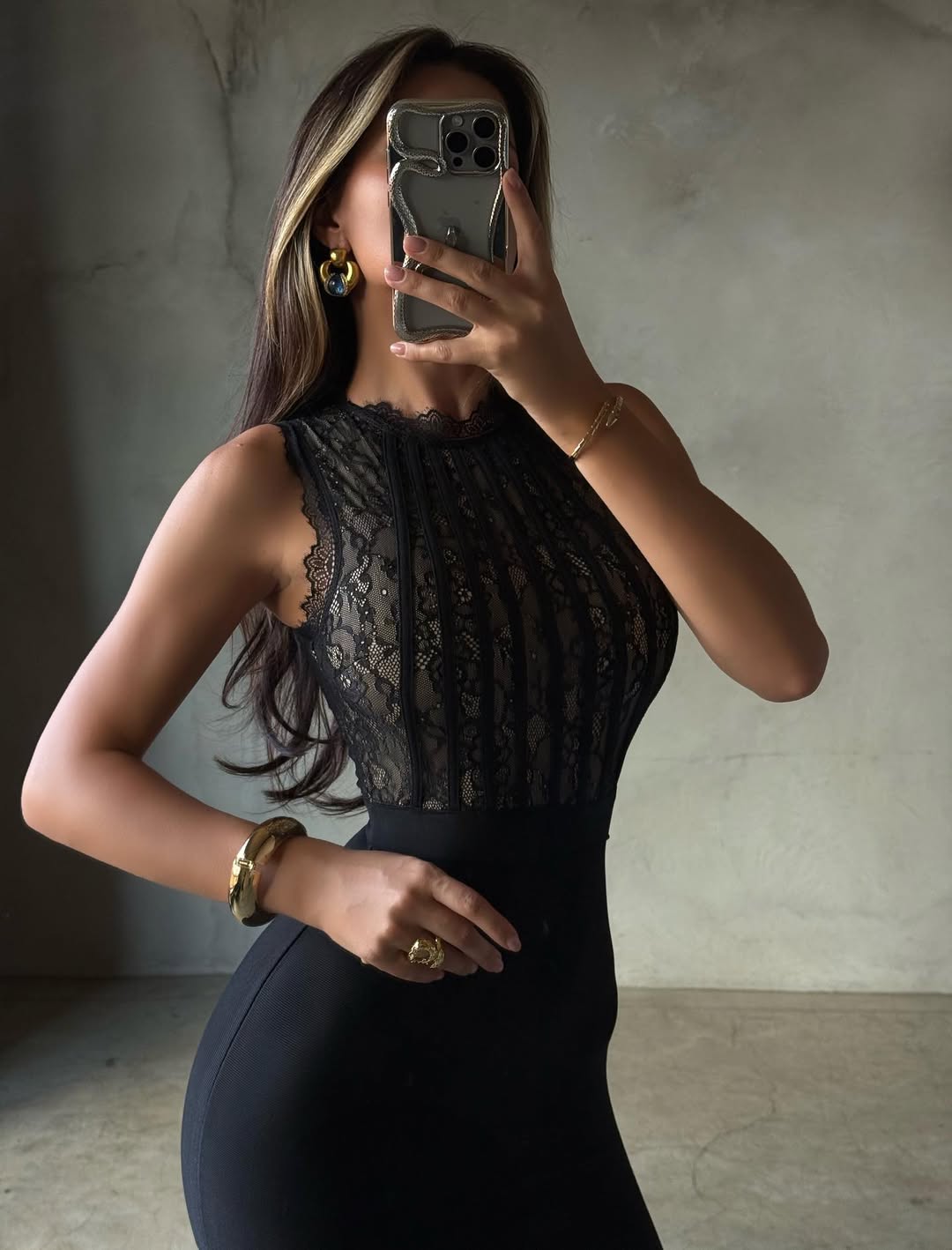 Roxanne | Women's Black High-neck Lace Bodycon Mini Dress