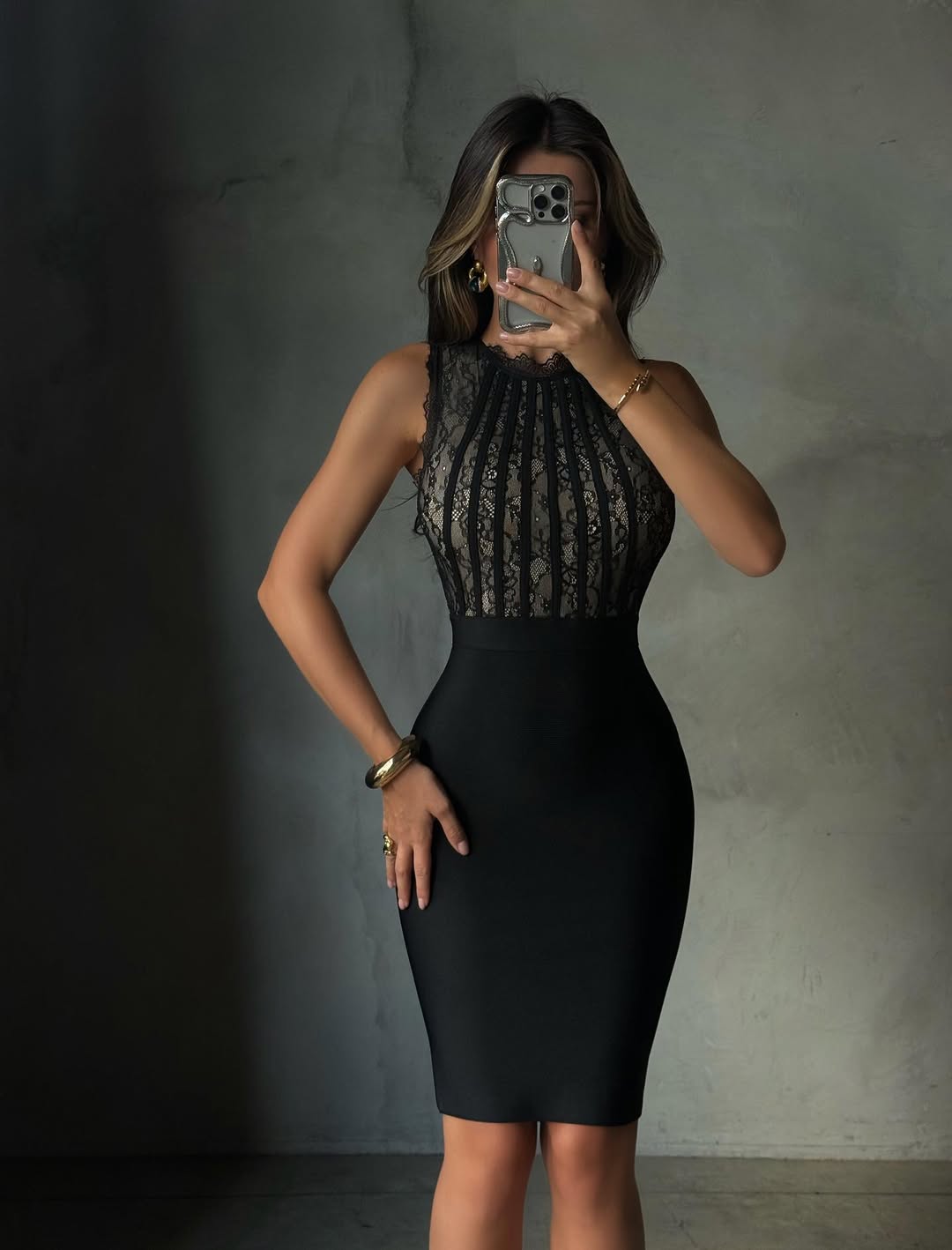 Roxanne | Women's Black High-neck Lace Bodycon Mini Dress