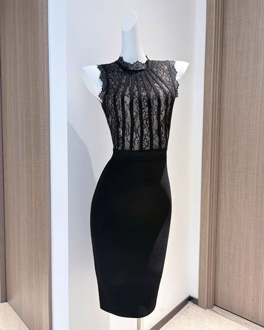 Roxanne | Women's Black High-neck Lace Bodycon Mini Dress