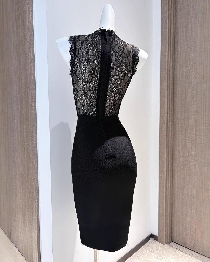 Roxanne | Women's Black High-neck Lace Bodycon Mini Dress