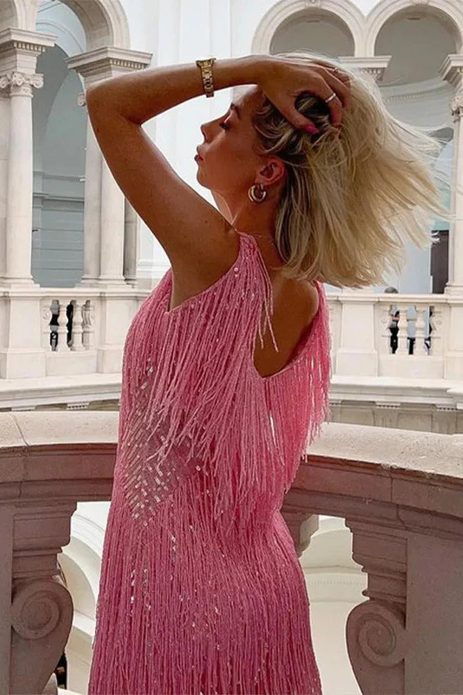 Celine | Women's Sleeveless Glitter Fringes Mini Party Dress