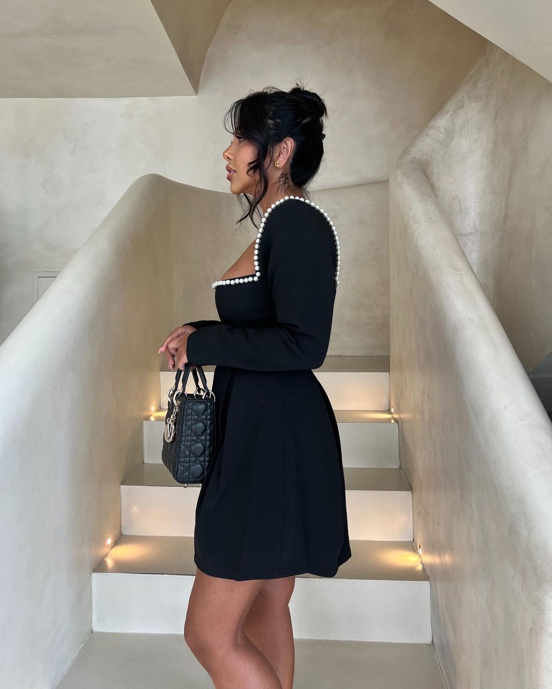 Frankie | Women's Black Longsleeve Mini Party Dress with Pearl Details
