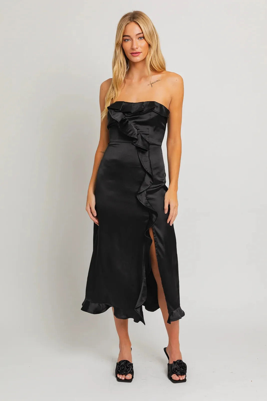 Luna | Front Slit Elegant Satin Strapless Ruffle Midi Dress
