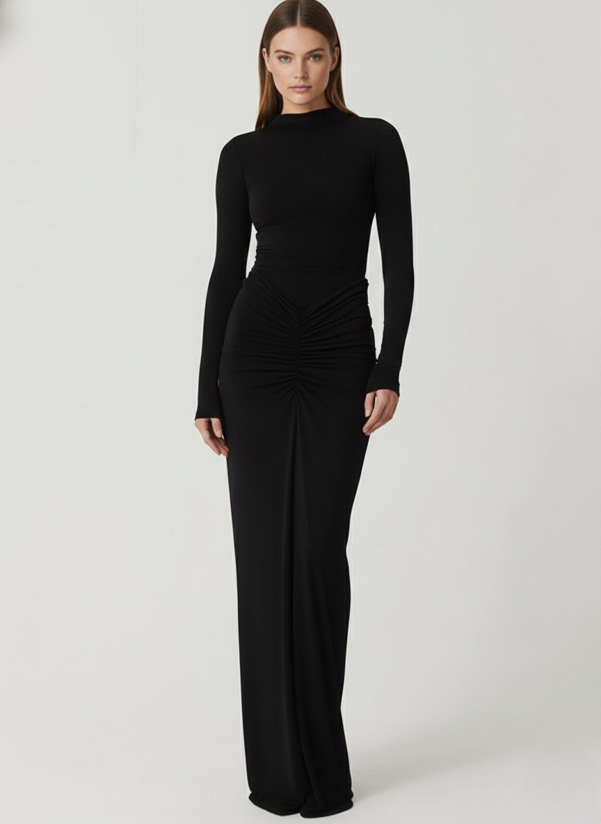 Gilded | Classy Ruched Long Sleeve Mock Neck Maxi Dress