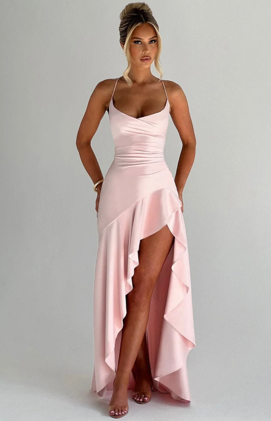 Soraya | High-Low Ruffle Hem Satin Twist Cowl Maxi Slit Dress