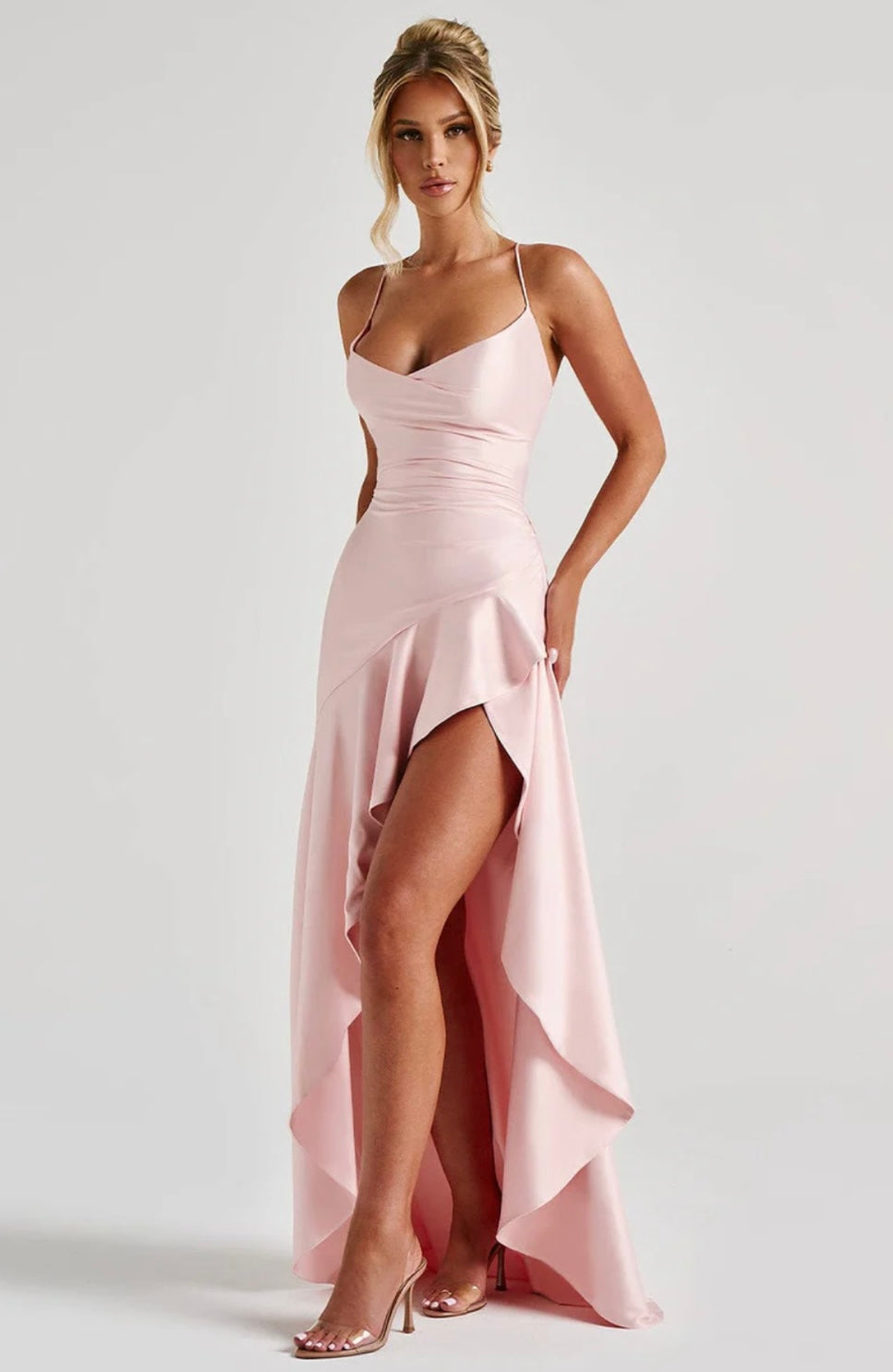 Lucia | High-Low Ruffle Hem Satin Twist Cowl Maxi Dress