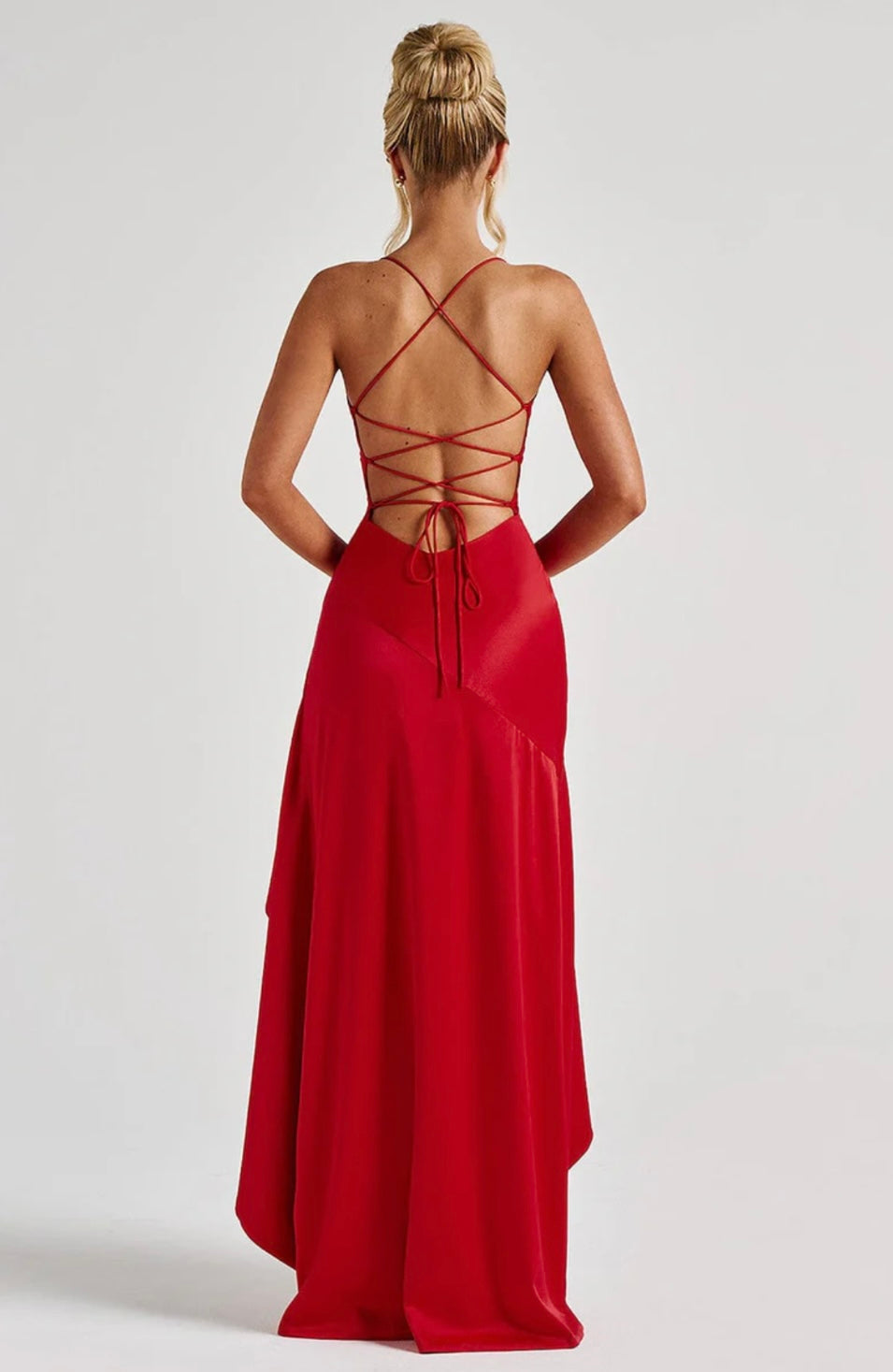 Lucia | High-Low Ruffle Hem Satin Twist Cowl Maxi Dress