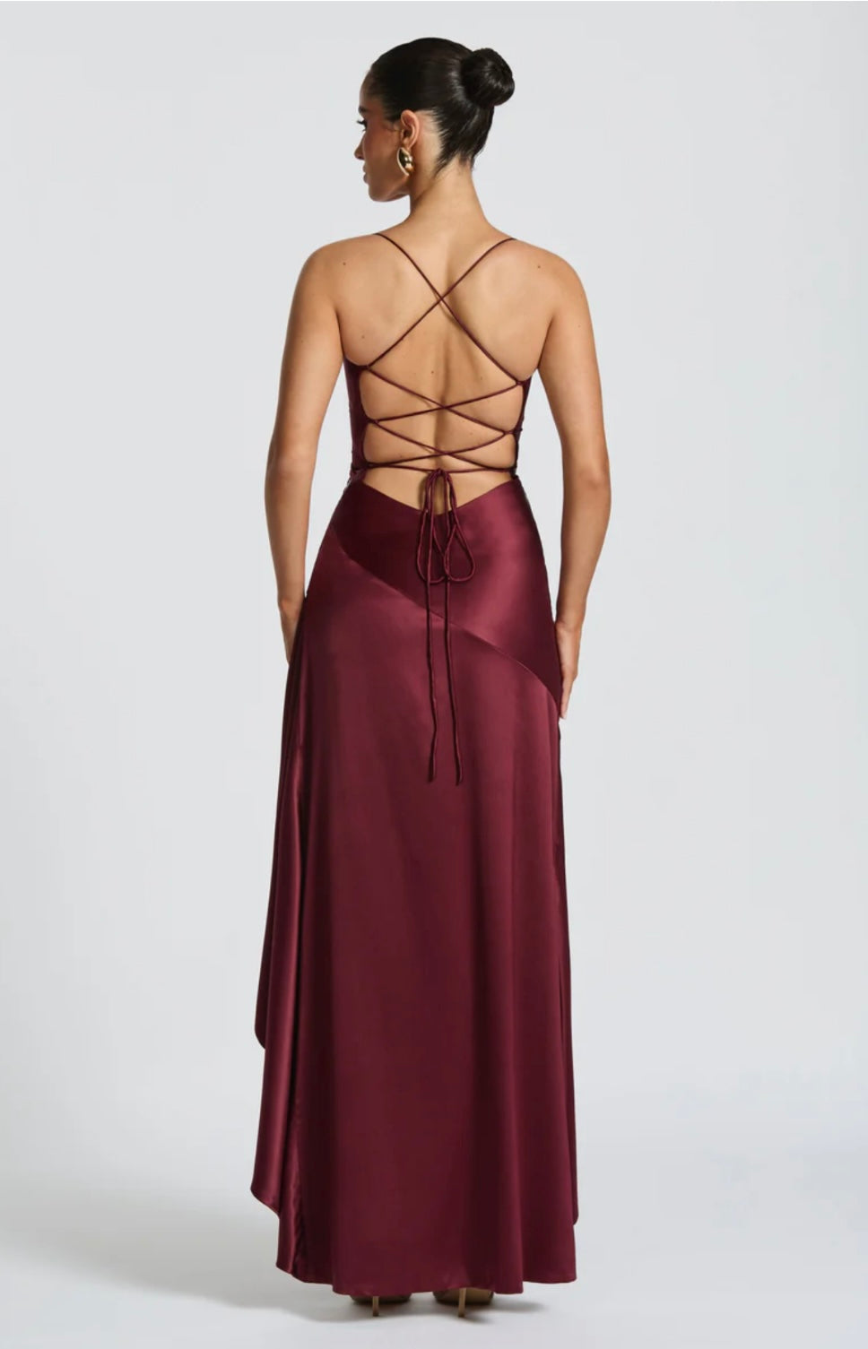 Lucia | High-Low Ruffle Hem Satin Twist Cowl Maxi Dress