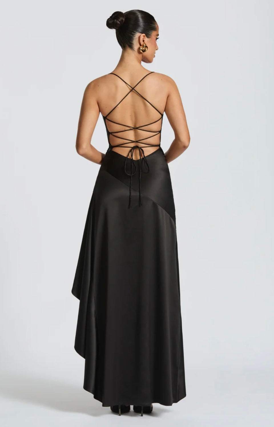 Lucia | High-Low Ruffle Hem Satin Twist Cowl Maxi Dress