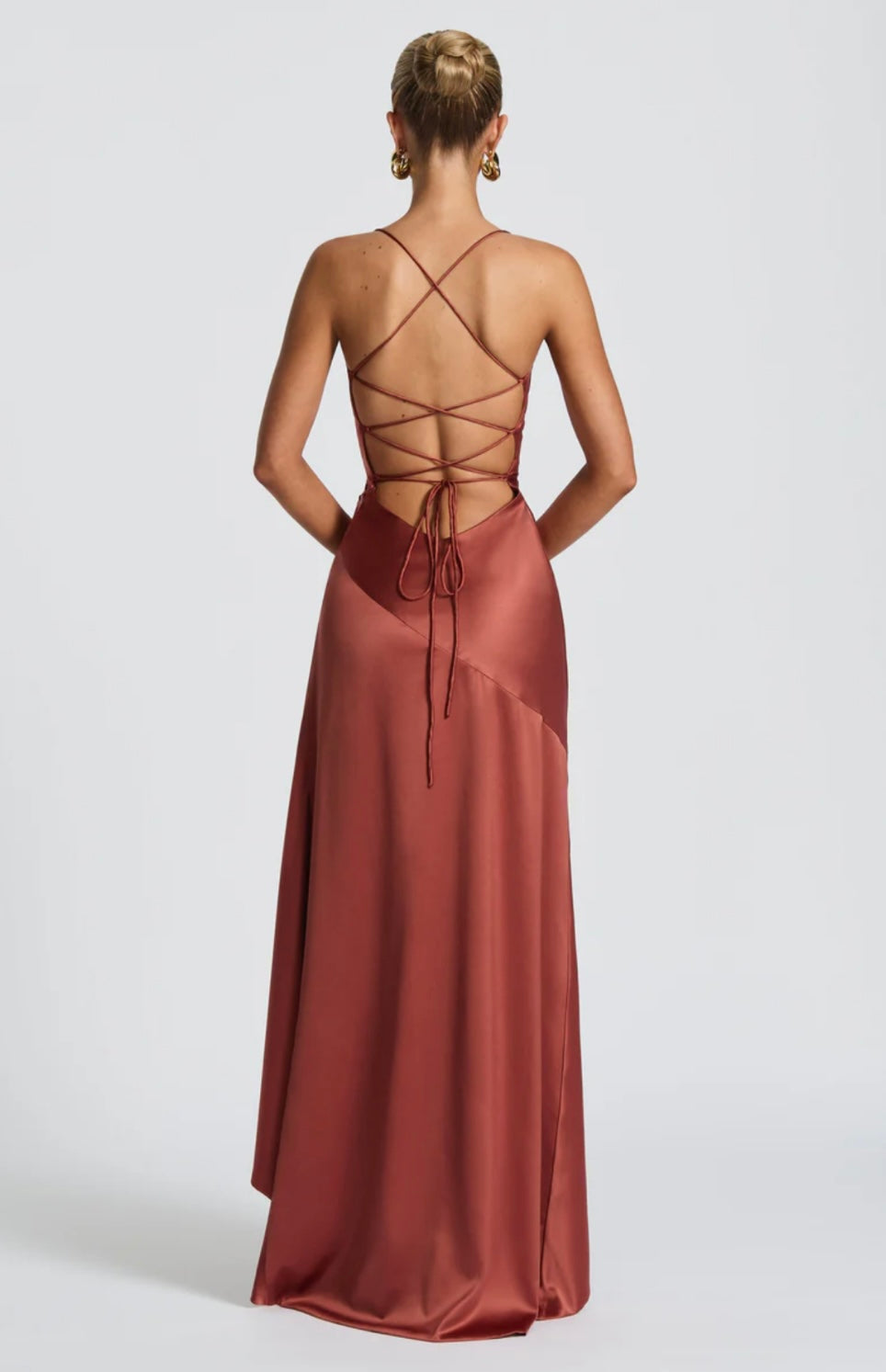Lucia | High-Low Ruffle Hem Satin Twist Cowl Maxi Dress