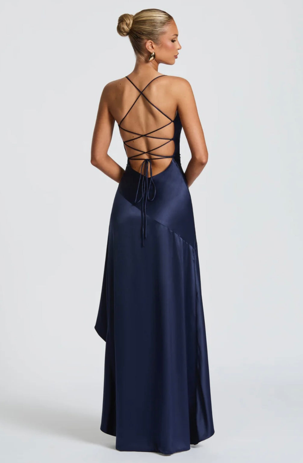 Lucia | High-Low Ruffle Hem Satin Twist Cowl Maxi Dress